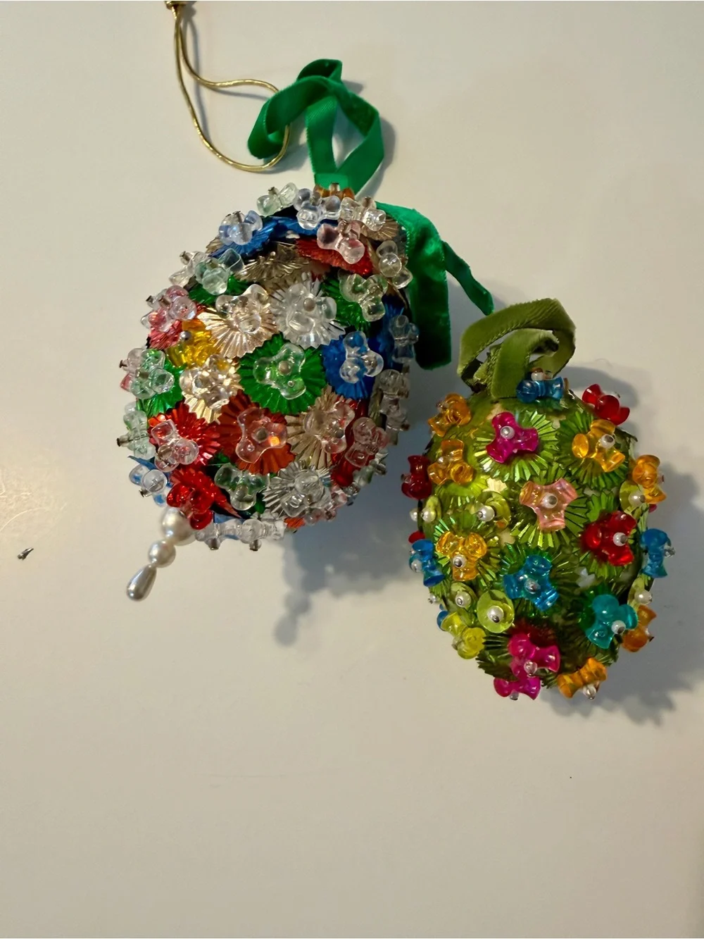 2 Vintage Christmas Beaded Sequin Egg Ornaments Multicolor Floral Retro Hanging